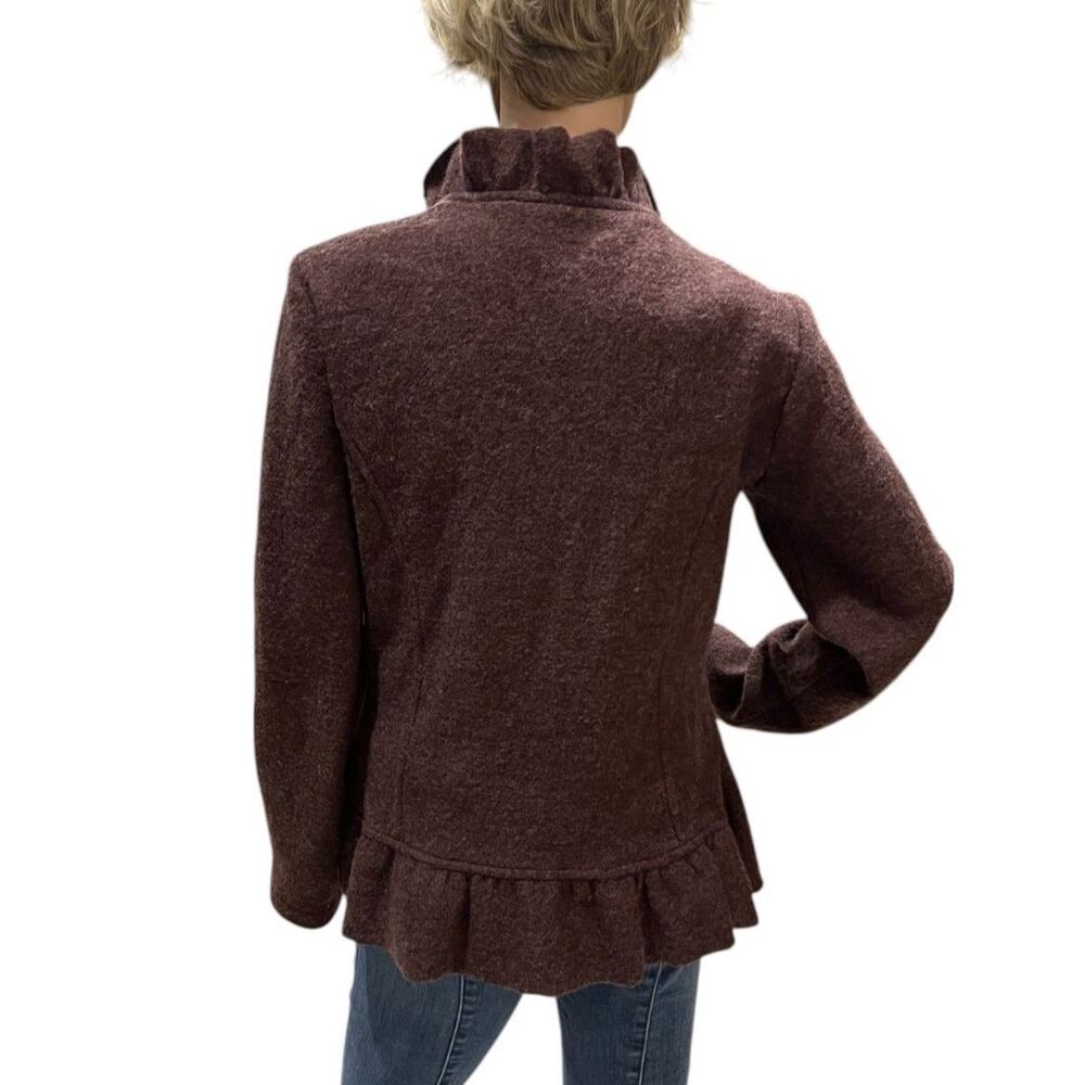 CYNTHIA ROWLEY 100% Wool Ruffle Felted Floral Design Cardigan Jacket Brown Sz M - Picture 5 of 8